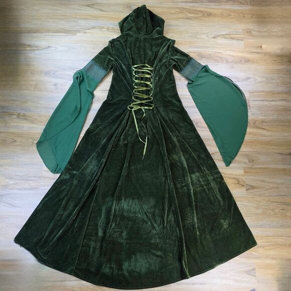 ⏭️NWT Green Medieval Renaissance Hooded Trumpet Sleeve Dress Large - Picture 14 of 15